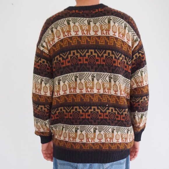 Vintage Black Brown Aztec Biggie Cosby Eclectic Grandpa Knit Crewneck Sweater XL - Picture 2 of 7